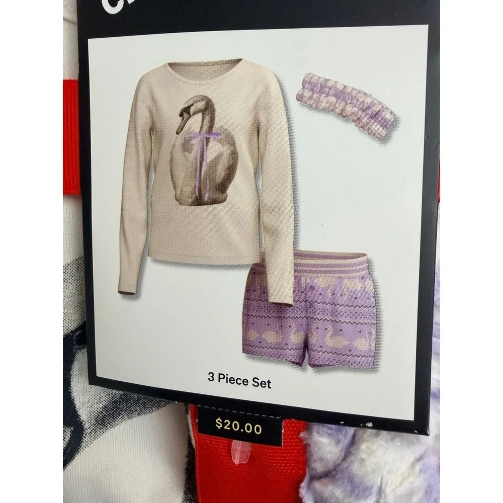 Art Class Pajama Set Girls XL Cream Purple Swan 3pc Top Shorts Headband NWT